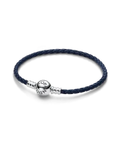 Pandora Moments Round Clasp Blue Braided Leather Bracelet